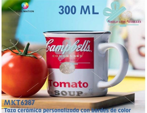 Taza de cerámica personalizada con el borde en 3 colores a elegir. El precio incluye la personalización.