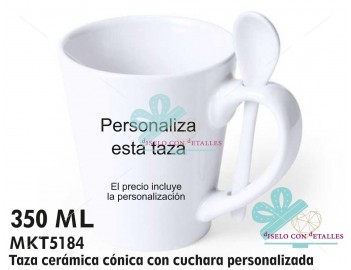 Taza cónica de cerámica personalizada con cuchara de cerámica también. El precio incluye la personalización.