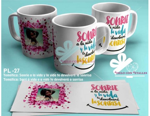 Caneca com desenho infantil com foto e texto " Sorri à vida e a vida te devolverá o sorriso "