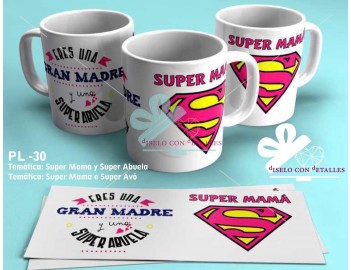 Caneca personalizada com desenho e texto "SUPER MÃE" e "Você é uma grande mãe e super avó"