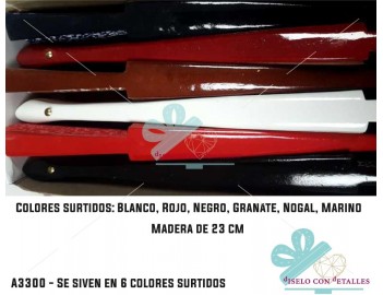 Leque de madeira de 23 cm servidos en 6 cores sortidas. Branco, Vermelho, Marron, Nogueira, Preto e Marinho