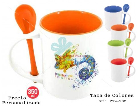 Taza personalizada en 4 colores a elegir con cuchara a juego de cerámica también