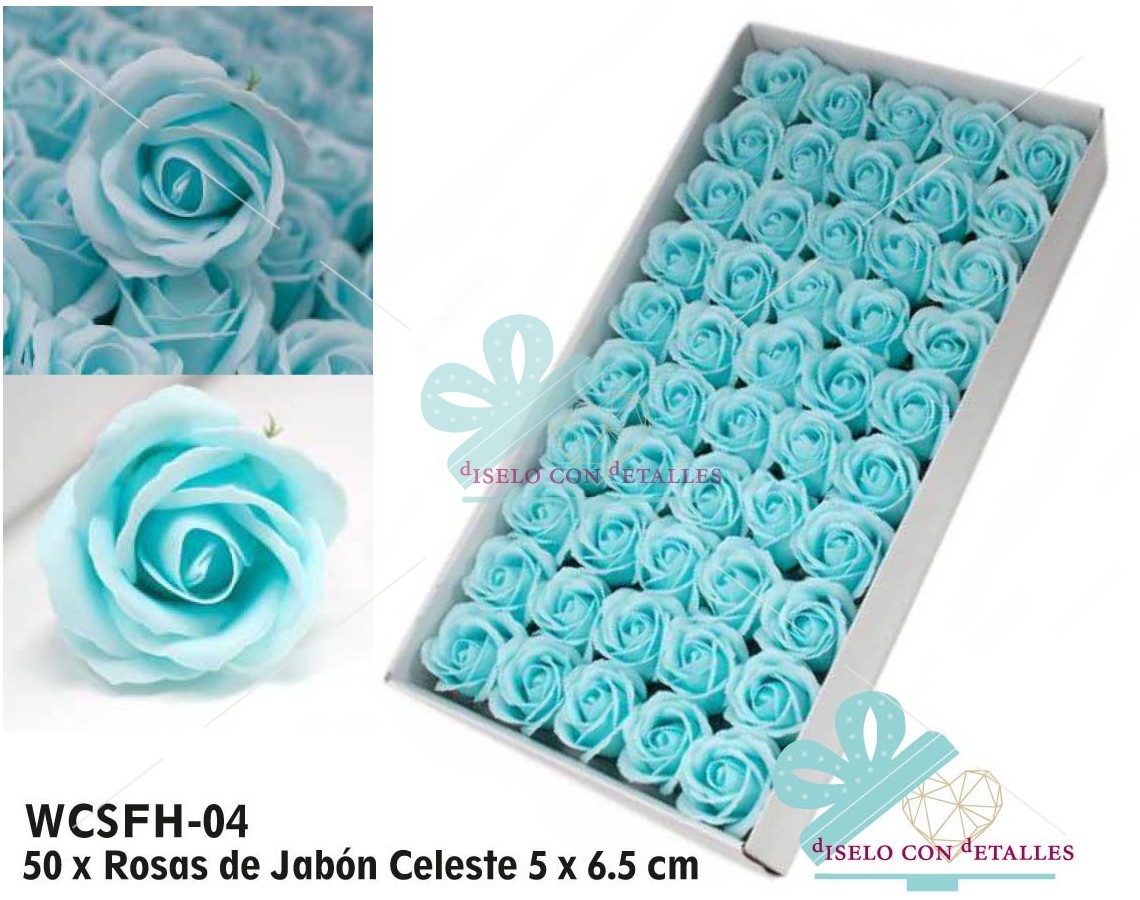 Rosas de Sabão Azul Bebé Médias em Caixa 50 pcs