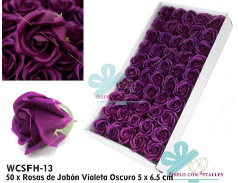 Caja con 50 rosas perfumadas de jabón en color violeta oscuro