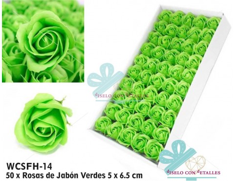 Rosas de jabón perfumado en color verde en caja de 50 unidades