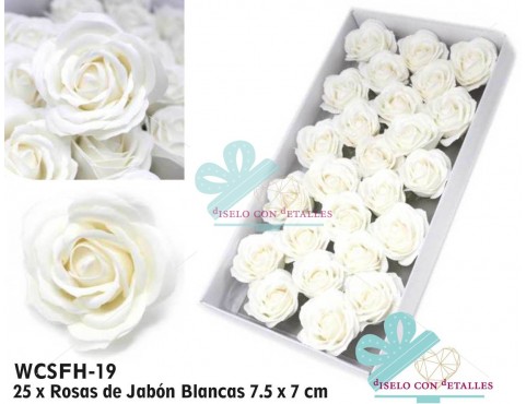 Rosas de jabón perfumadas grandes de color blanco en caja de 25 uds