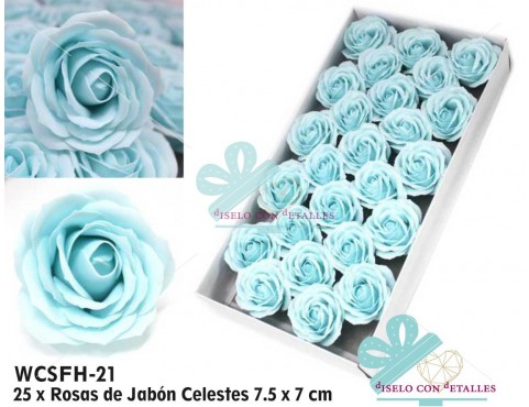 Caja con 25 rosas grandes de jabon perfumado en color azul celeste