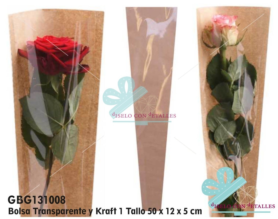 Sacos para rosas em Kraft e celofane para 1 talo de flor