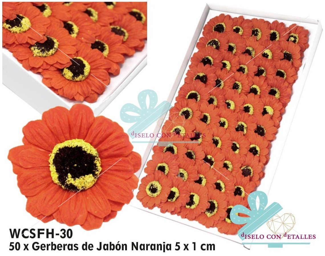 Gerberas de Sabão em cor Laranja em Caixa 50 pcs