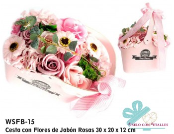 Cesta con flores de jabón en color rosa