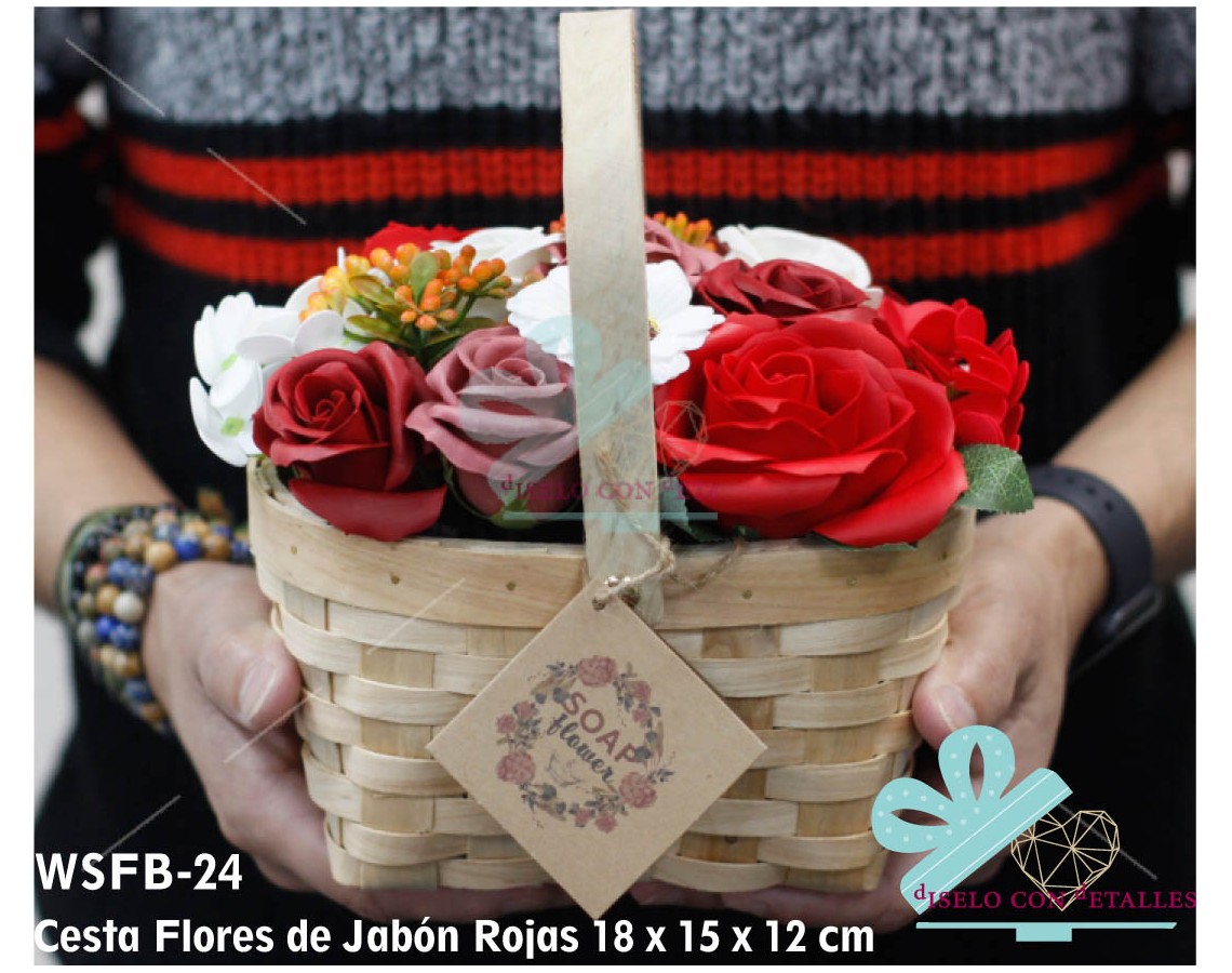 Cesta Rústica Flores de Jabón Rojas 18 x 15 x 12 cm - Grande