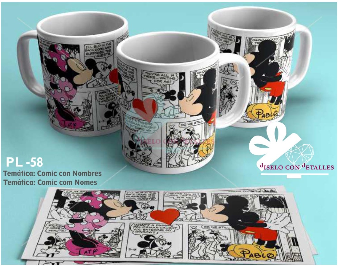 Caneca comic Mickey e Minnie com nomes à sua escolha personalizada