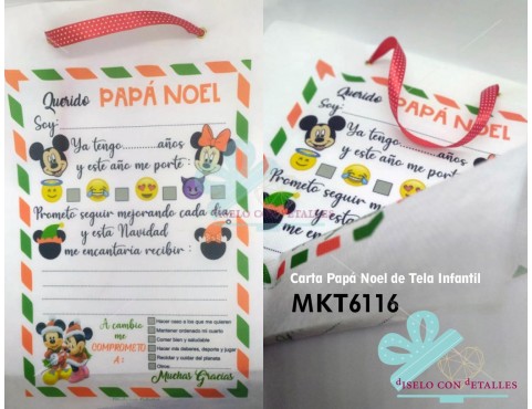 Carta Papá Noel con dibujos de Mickey y Minnie realizada en tela