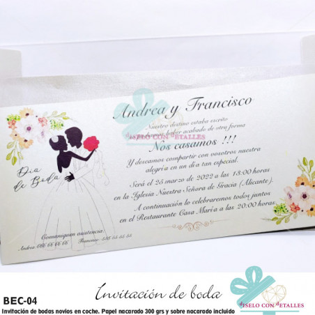Convite de casamento com noivos floral + envelope
