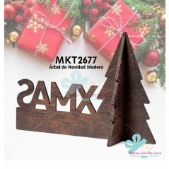 Adorno de Natal com desenho de árvore de Natal, feito de madeira natural, com texto XMAS