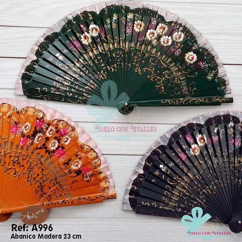 Abanico 23 cms Madera con Flores a 2 Caras