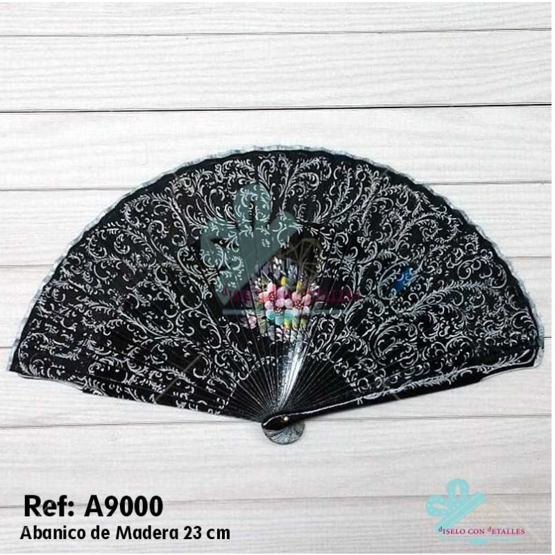 Leque de Madeira Preto Decorado 23 cm