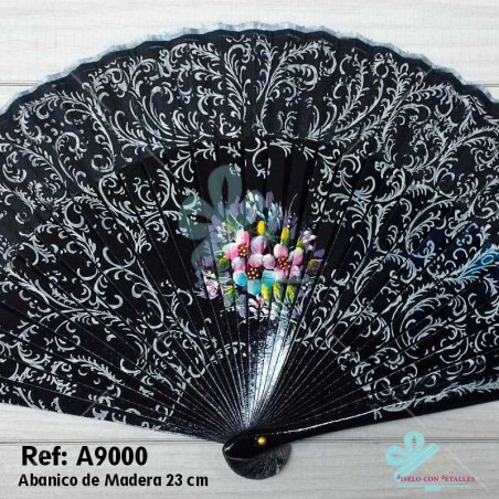 Leque de Madeira Preto Decorado 23 cm