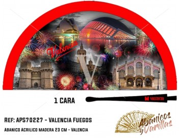 Abanico Rojo para souvenir, pintados con imágenes de los fuegos de Valencia