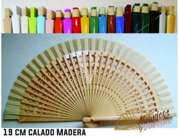 Leques de madeira trabalhada de 23 cm em cores a escolher